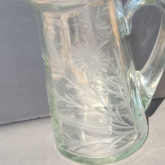 Vintage Clear Etched Glass Pitcher With Floral Design & Handle 9" - Picture 14 of 16
